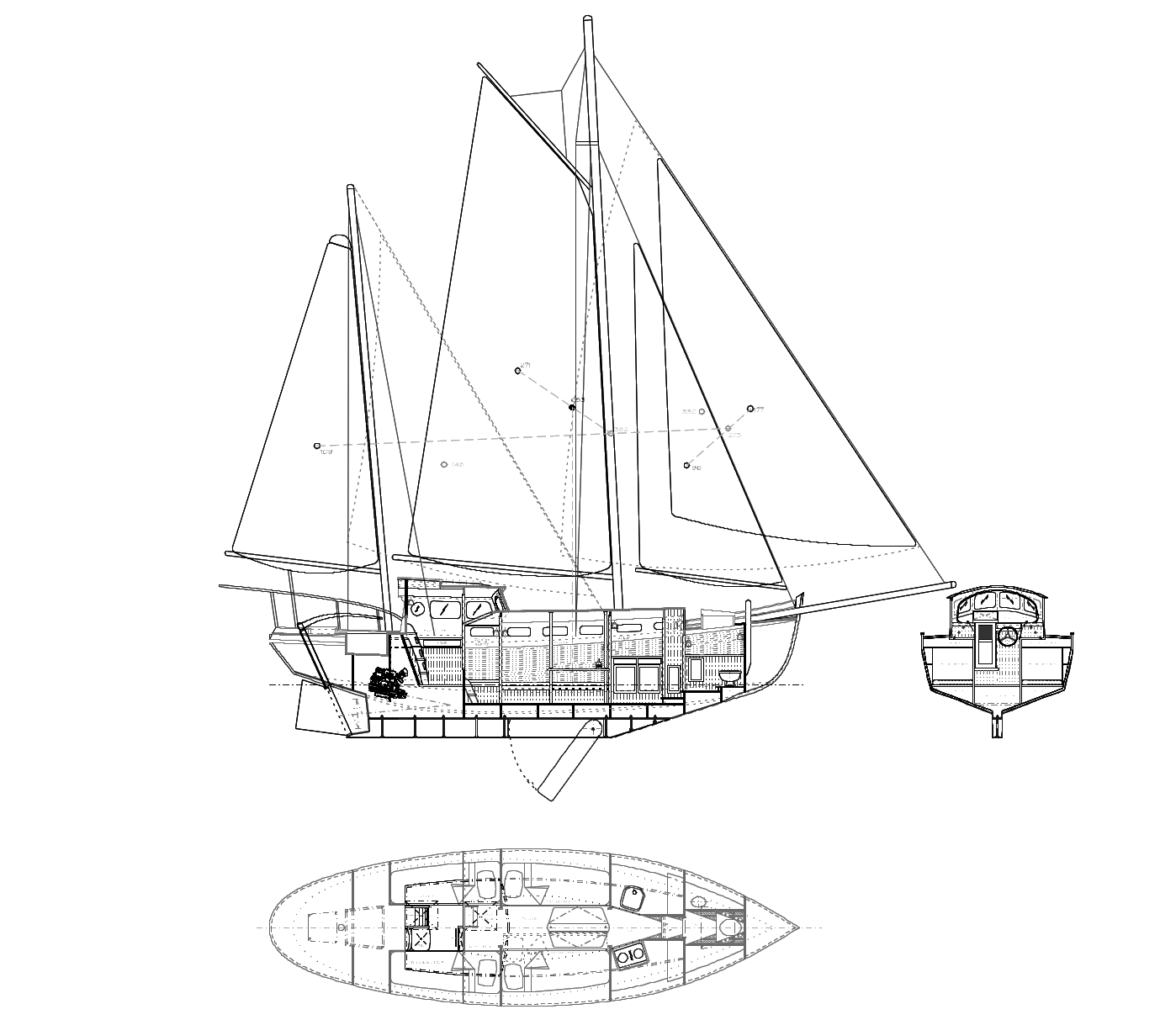 33' Fantail Ketch Sail Plan & Interior - Kasten Marine Design, Inc.